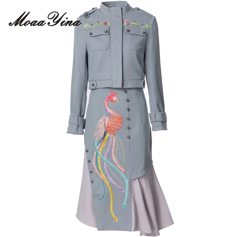 

MoaaYina Autumn/Winter Women's Suit Long-sleeve Stand Collar Tops+Fashion Flounced Edge Skirt Embroidery 2 piece set