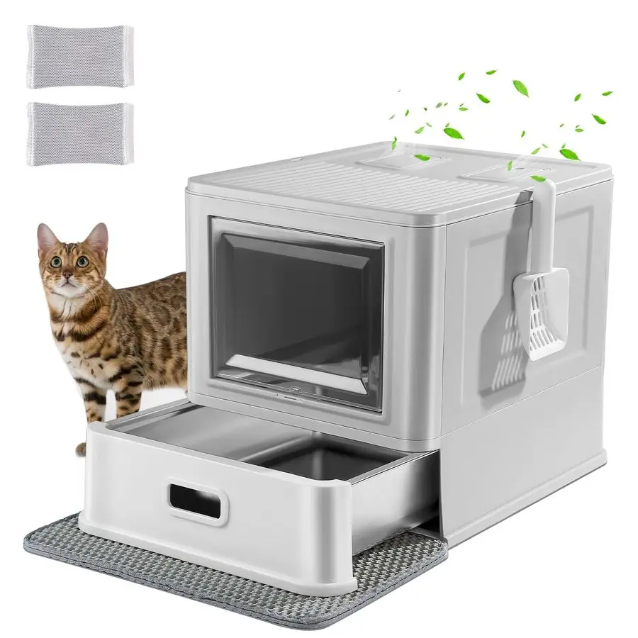 

Enclosed Stainless Steel Cat Litter Box with Lid amp Drawer Design for Indoor All Lifestyles Cats, Metal Covered Cat Litter Box,