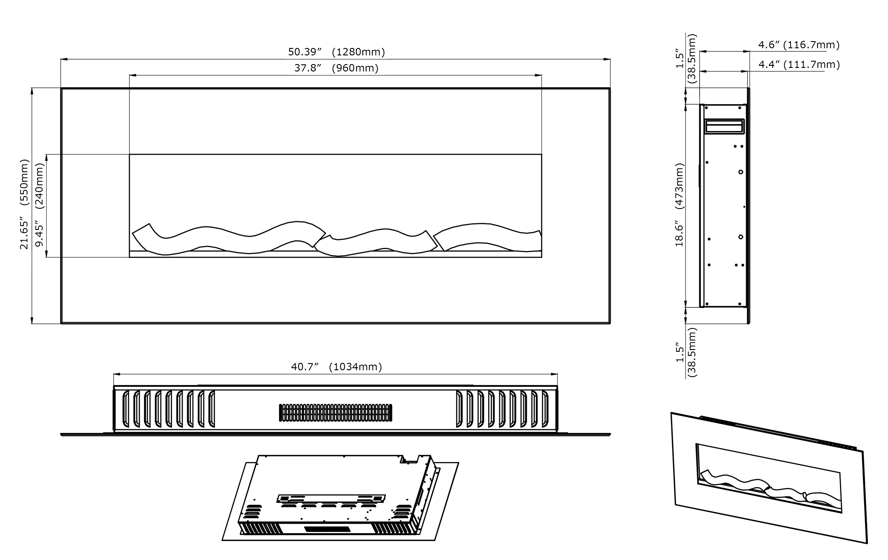 Modern Electric Fireplace Heater Embedded Wall Wifi Remote Control in French & English Durable Metal for Indoor Use