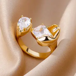 Exaggerated Square Zircon Rings For Women Luxury Stainless Steel Gold Color Open Finger Ring Wedding Jewelry anillos mujer 2023