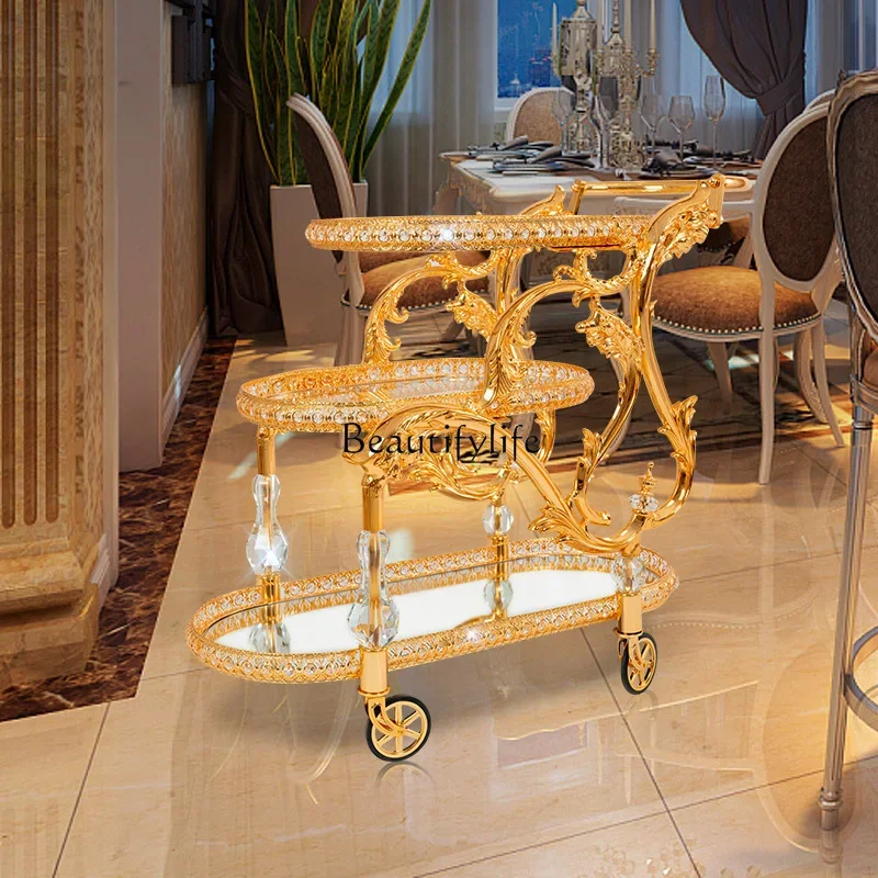 

56European hotel crystal column metal two or three layers glass plated gold wedding wine cart