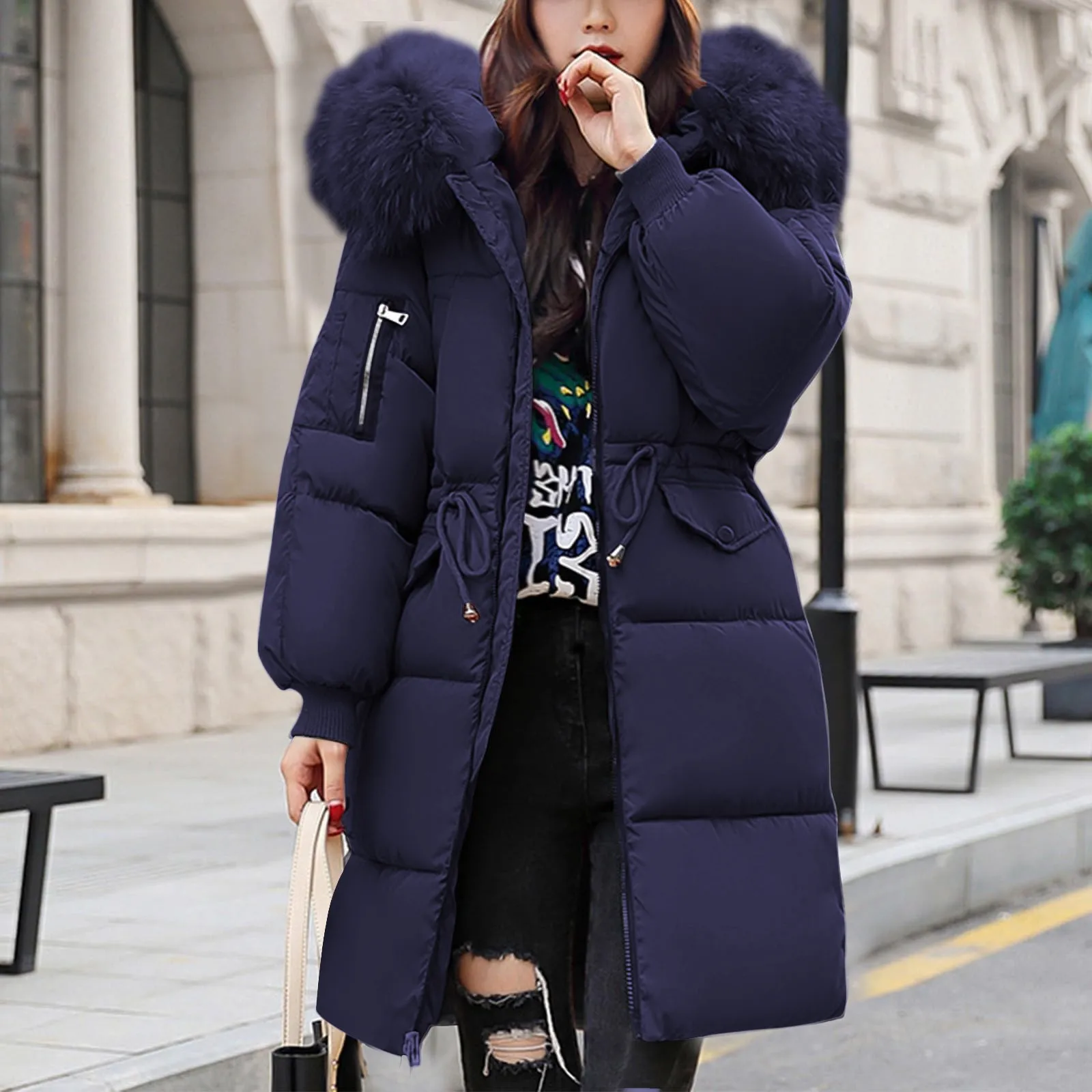 Lady Down Cotton Jacket Winter Mid Lenght Down Puffer Coats Plus Size Slim Trench Hooded Jackets Long Sleeve Warm Women Outwear