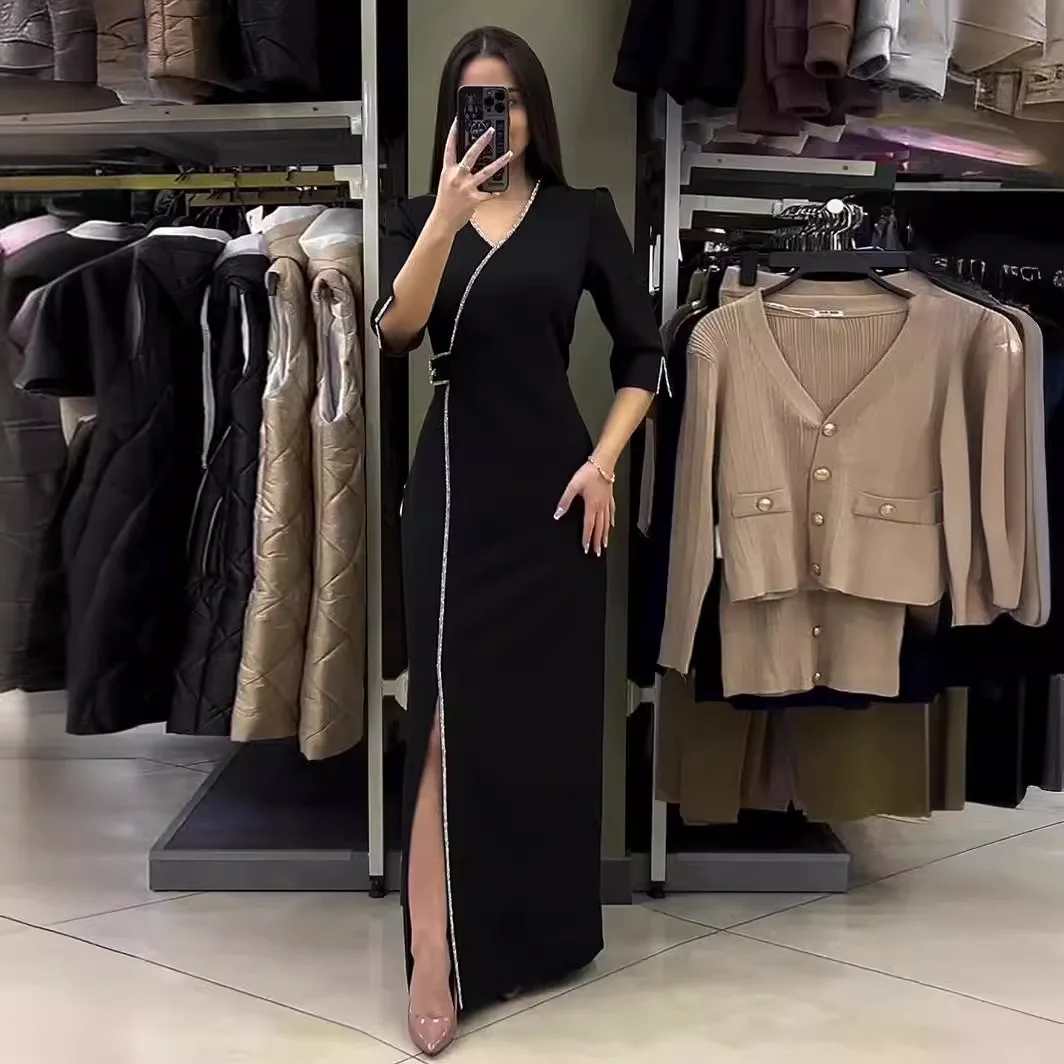Women\'s Maxi Dresses Summer Stylish Y2k Sexy V-neck Hot Drill Slim Style Split Seven-point Sleeve Long Dress 2024 Summer Dress