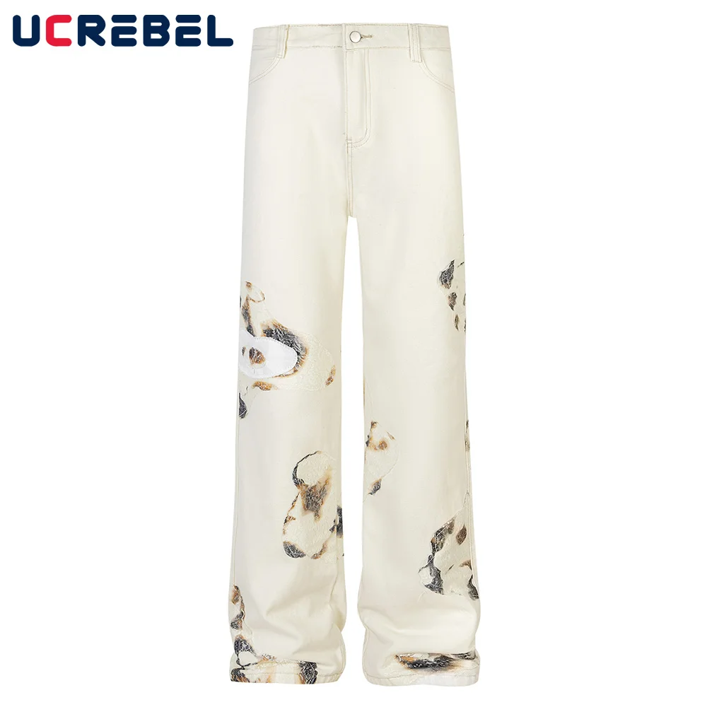 

Lace Patch Casual Pants Mens Distressed High Street Pocket Loose Straight-leg Pants Men Trousers