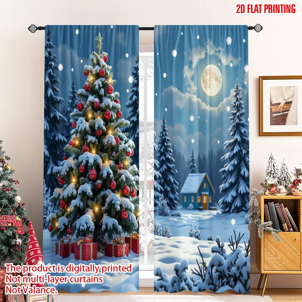

2pcs 2D flat printing Merry Christmas Scene Curtains Christmas Tree Snowflakes Winter Wonderland Polyester Without Electricity