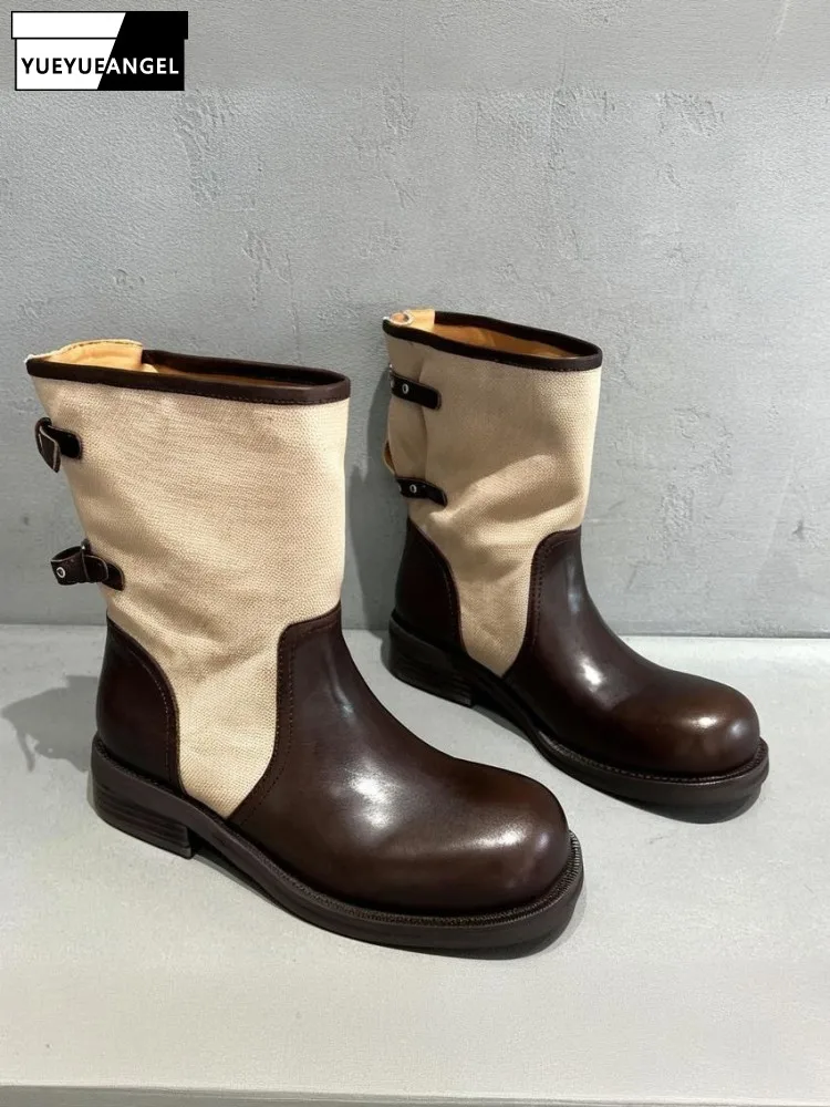 Women Vintage Canvas Spliced Genuine Leather Mid Calf Boots Round Toe Chunky Heels Shoes Slip On Spring Autumn Platform Boots
