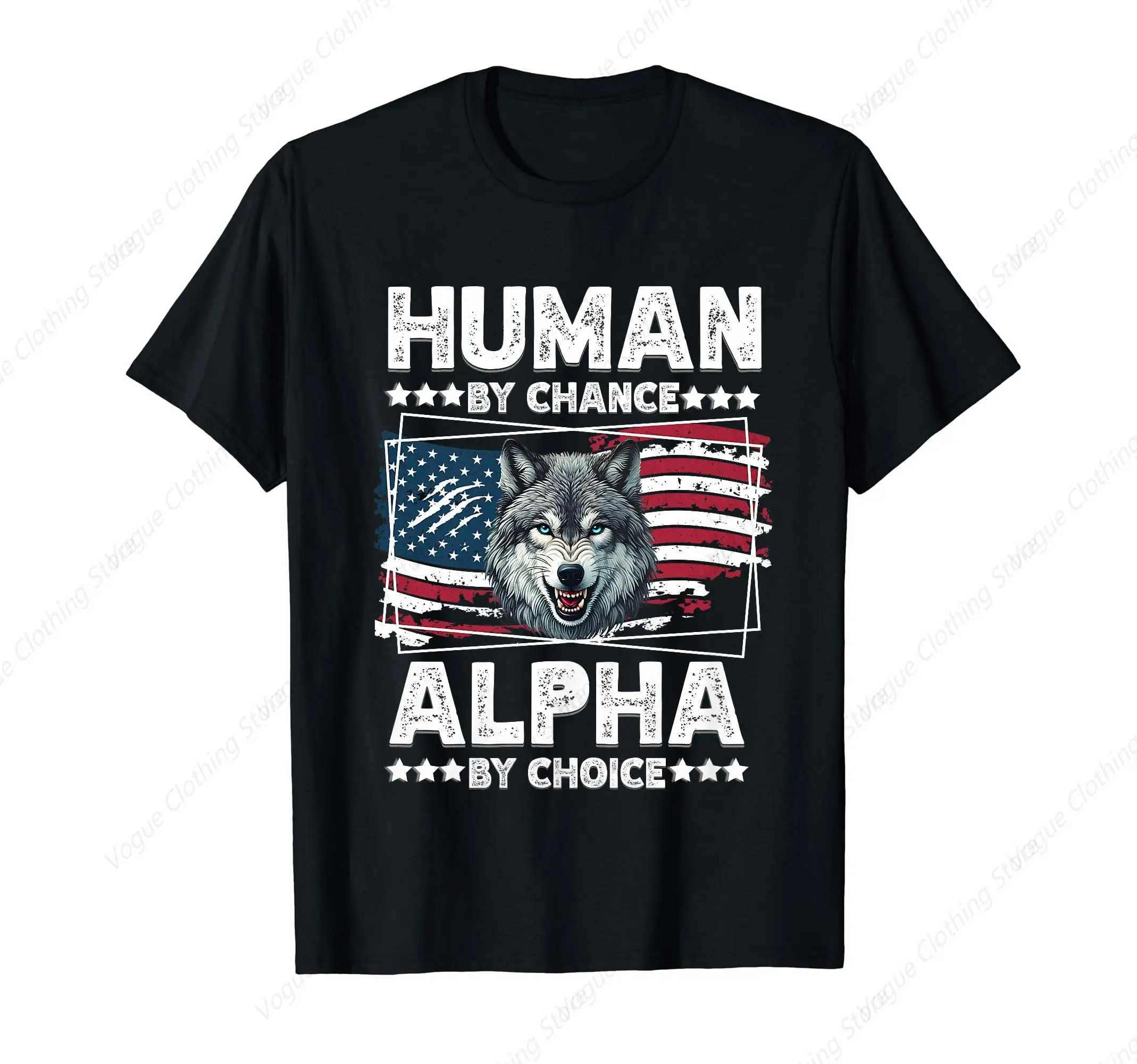 Funny Alpha Wolf Meme Human By Chance American Flag Usa T-Shirt Prevailing Tee Fashion Short Sleeves Sport Leisure Soft Tops