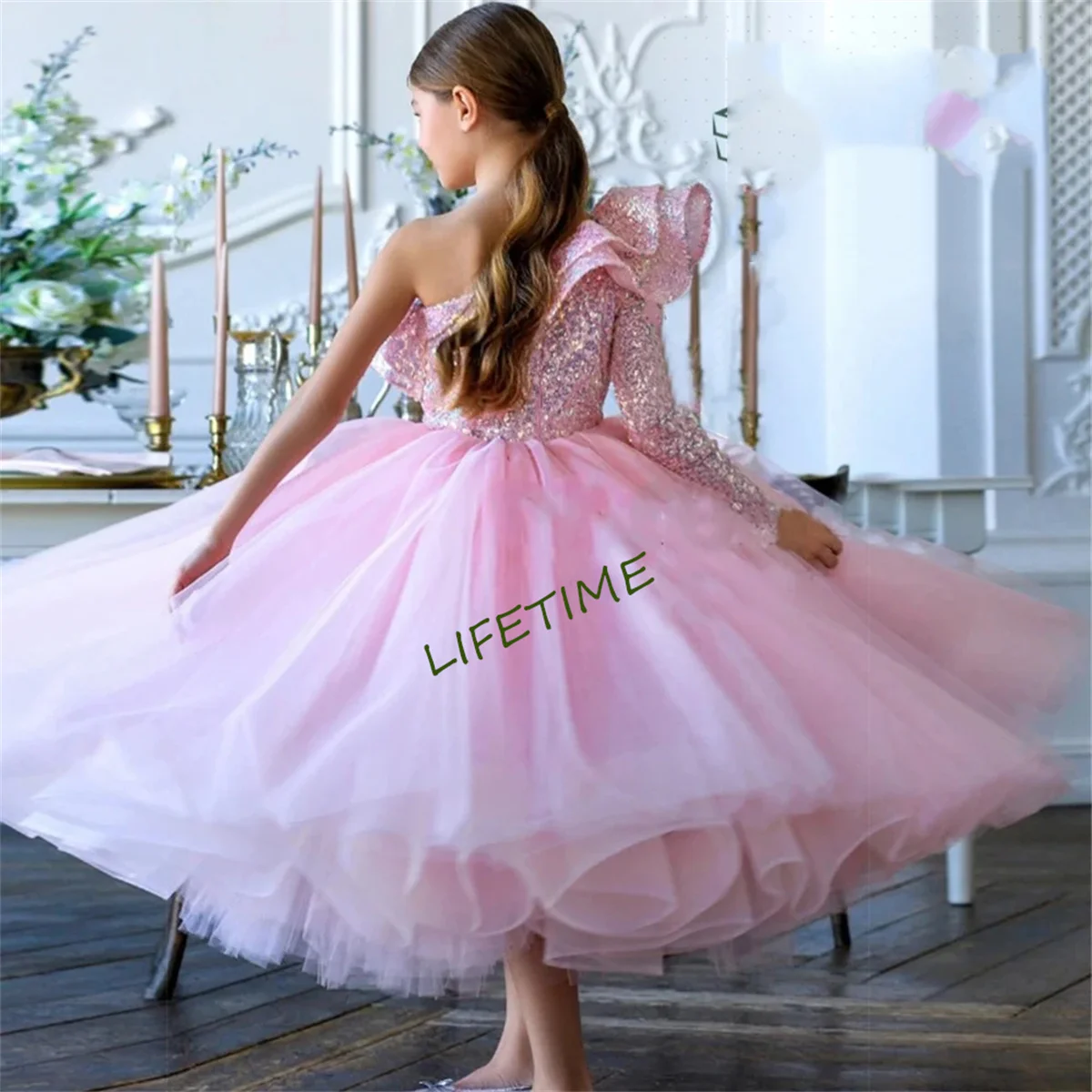 Scoop Full Sleeve Pink Flower Girls Dresses for Women A Line Soft Tulle Ankle Length Christmas Gowns with Sequined 2024 New