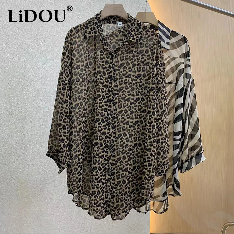 2023 Summer Fashion Leopard Printing Sunscreen Shirt Ladies Long Sleeve Loose Casual Buttons Blouse Women\'s Elegant Cardigan Top