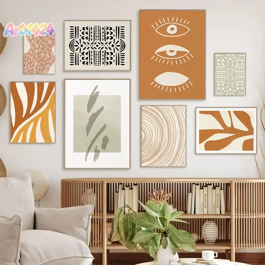 Minimalist Abstract Folk Art Prints, Colourful Bohemian Botanical Canvas Prints for Home, Bedroom, Living Room,Office,Decorat