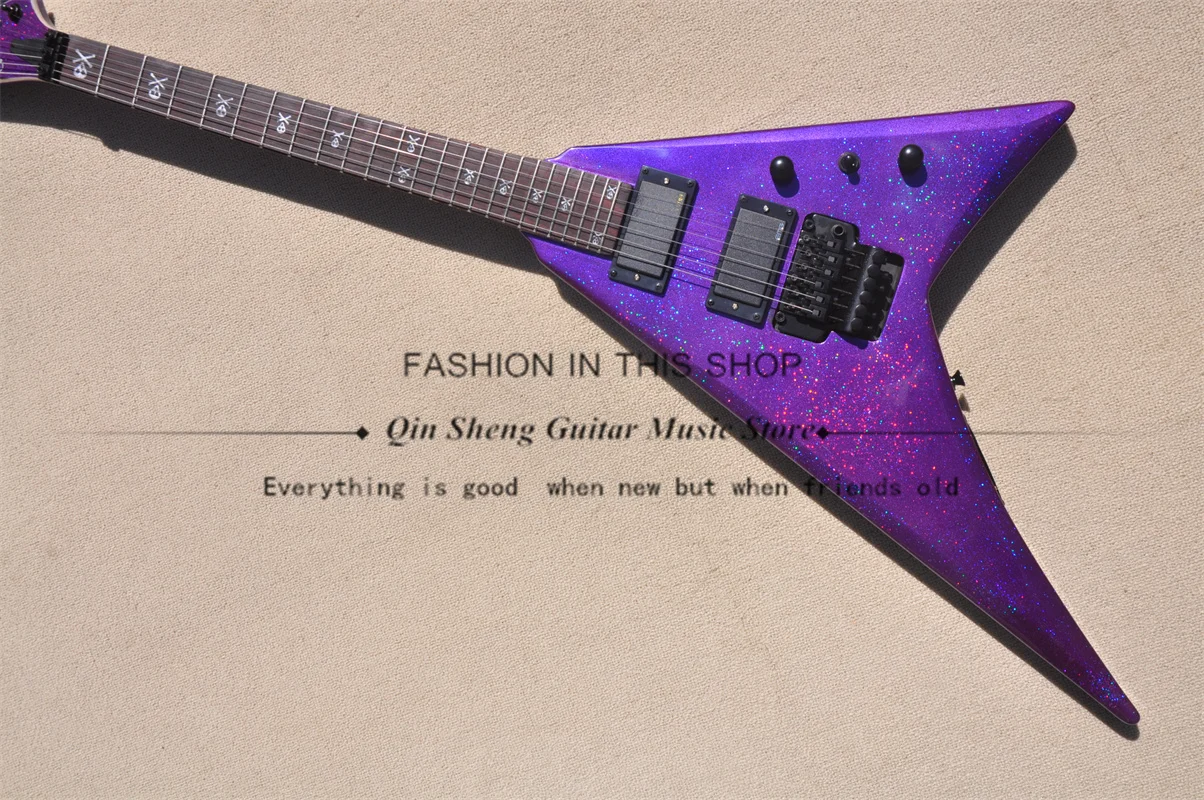 Purple Electric Guitar Flash Silver Particle Guitar Tremolo Bridge Black Buttons rosewood Fingerboard Skull Inlay