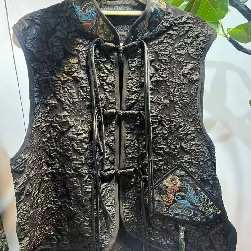 جديد الصينية الجاكار المطرزة صدرية سترة العرقية النمط الصيني التقليدي الأسود صدرية الرجعية أكمام زر الموضة