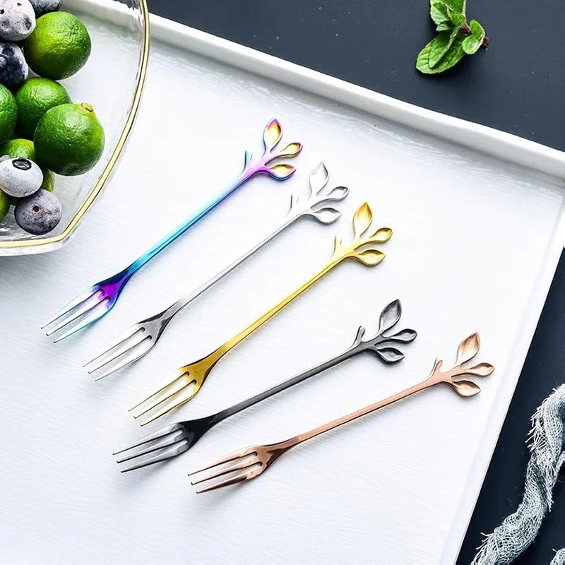 Stainless steel fork leaf-shaped fruit fork dessert cake fork creative children fruit sign rainbow fork  rainbow utensils