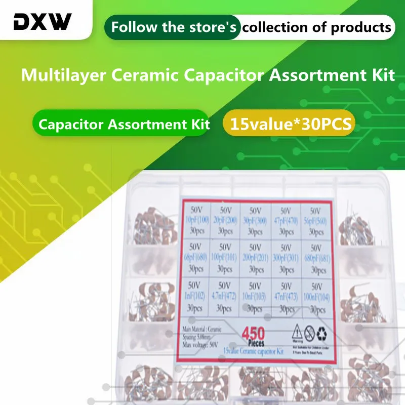 

450pcs/Lot Multilayer Ceramic Capacitor Assortment Kit 50v10pF 20pF 47pF 56pF 68pF 100pF 200pF 1nF 4.7nF 10nF 47nF 100nF 15value