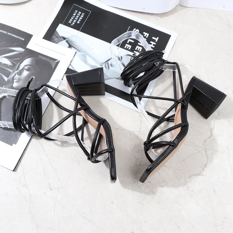 Women's Sandals 2022 Summer New Black PU Thin Strap Ankle Cross Straps High Heels Fashion Casual Thick Heel Women's Shoes 36-42