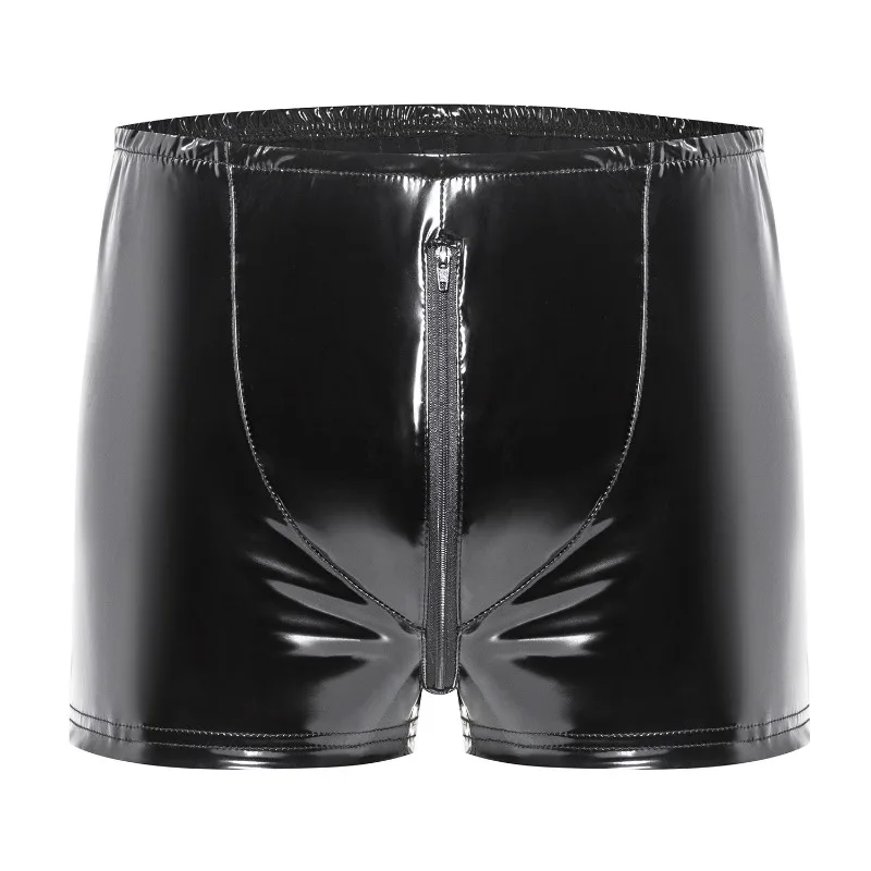 

New Sexy Men Zipper PVC Latex Underpants Shorts Wetlook Patent Leather Shorts Underwear Rear Hollow Swimwear Male Boxers Shorts