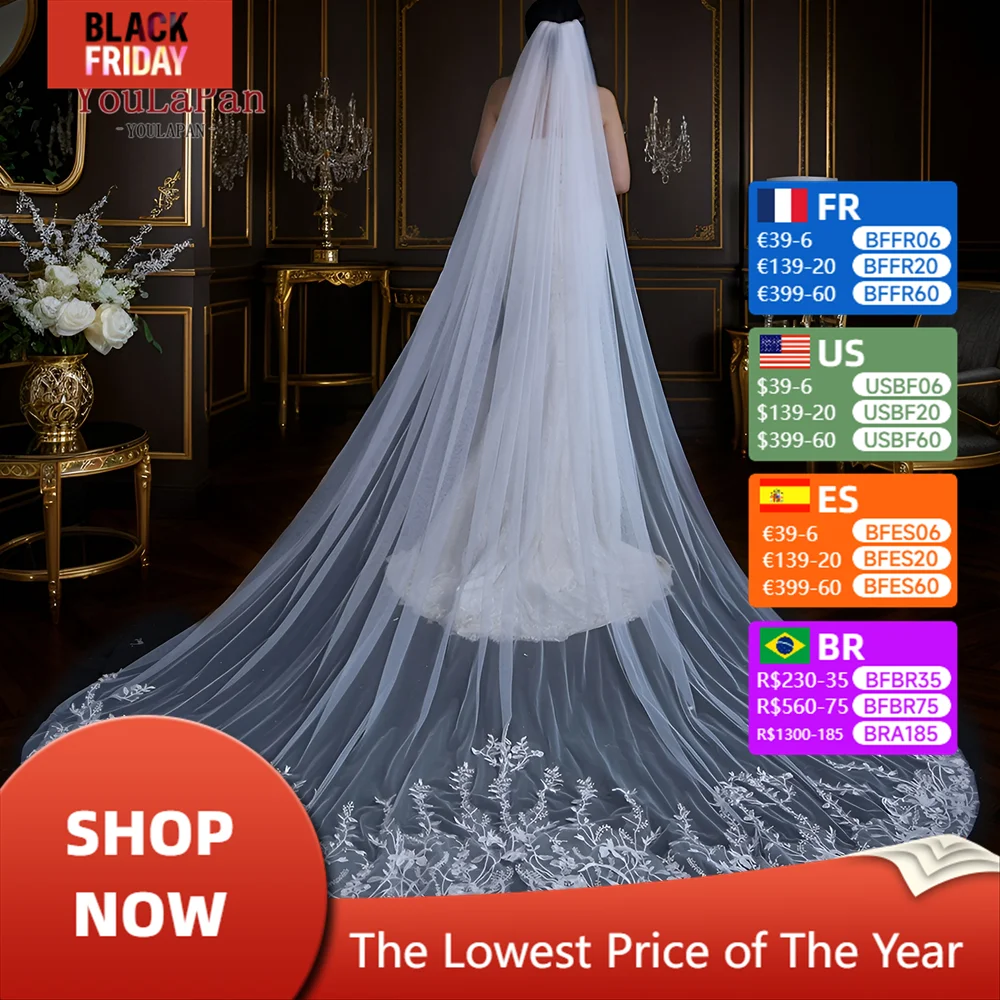 YouLaPan Luxury Wedding Veil Full Flora Edge Bridal Veils Spanish Mantilla Cathedral Veil Wedding and Comb Off White V162