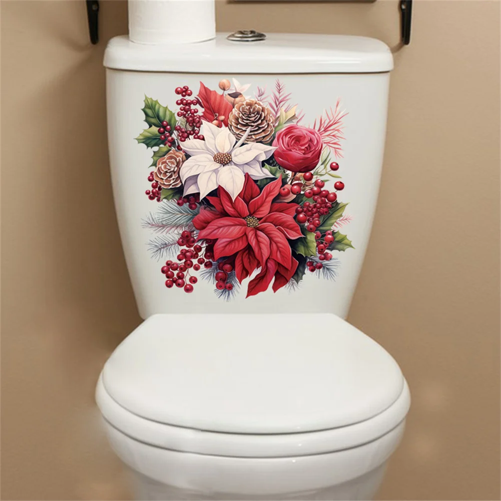 

Pine Needles Toilet Seat Lid Stickers Self-Adhesive Bathroom Wall Sticker Christmas Berry Wreath Floral Decals DIY Waterproof