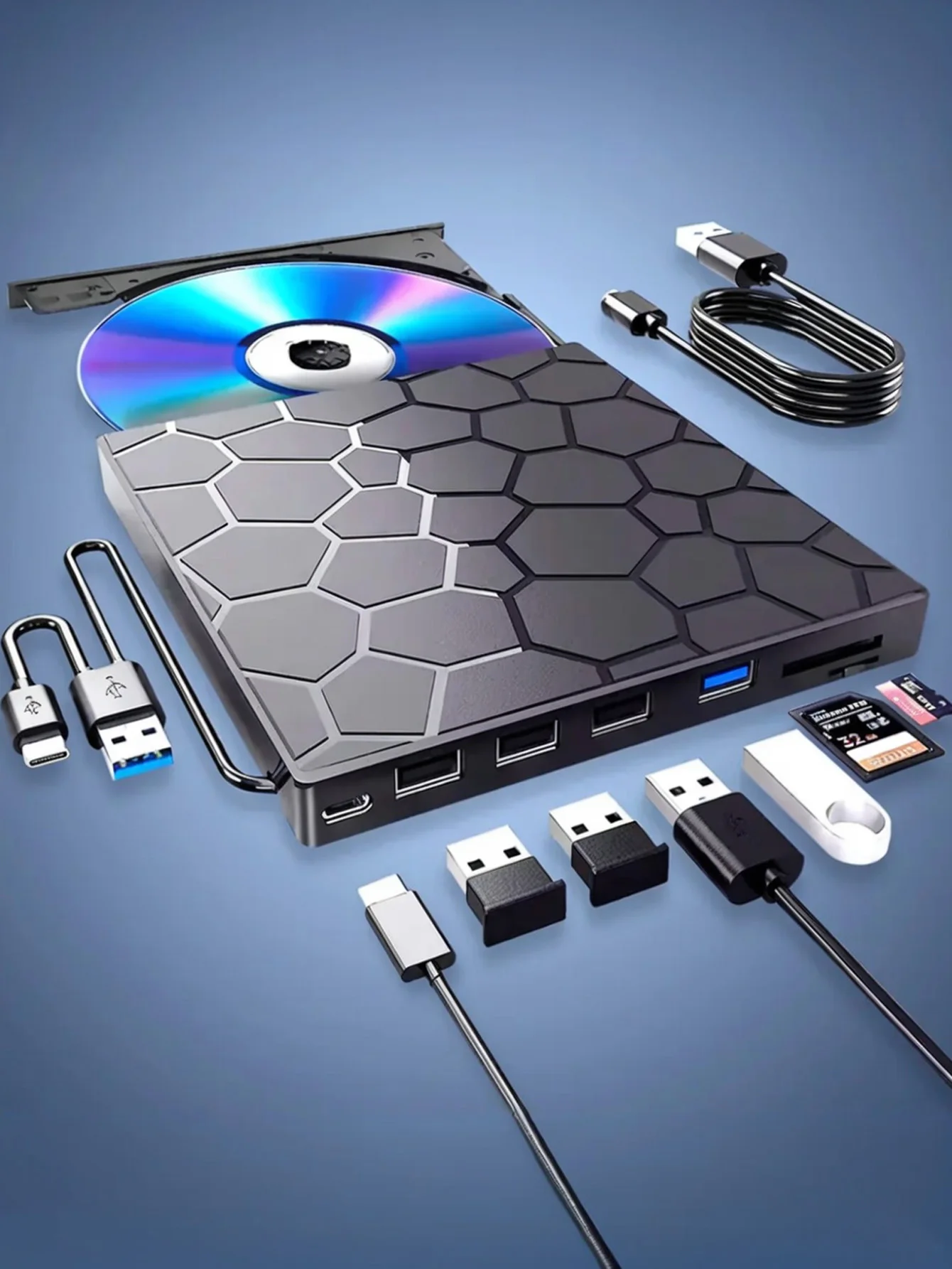 Laptop external CD/DVD drive, 8-in-1 USB 3.0 ultra-thin portable, player and burner CD/VCD/DVD