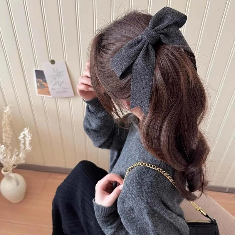 Korean Solid Color Large Pink Bow Hairpins for Women Girl Vintage Knitted Bowknot Ribbon Duckbill Clamp Clip Hair Accessories