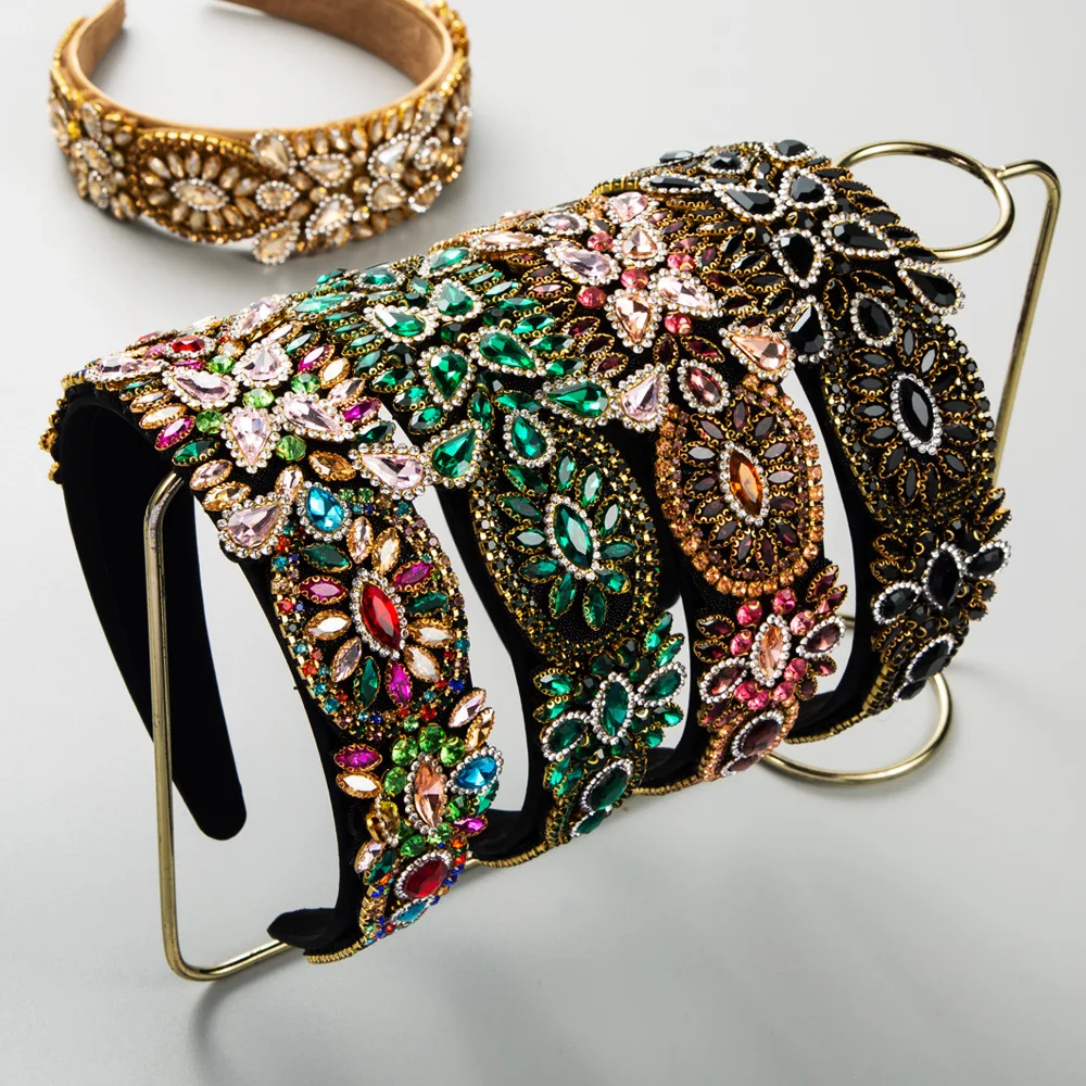 

Luxurious Full Crystal Pave Headband Colorful Geometric Rhinestone Padded Hair Hoop Baroque Wedding Party Jewelry For Women