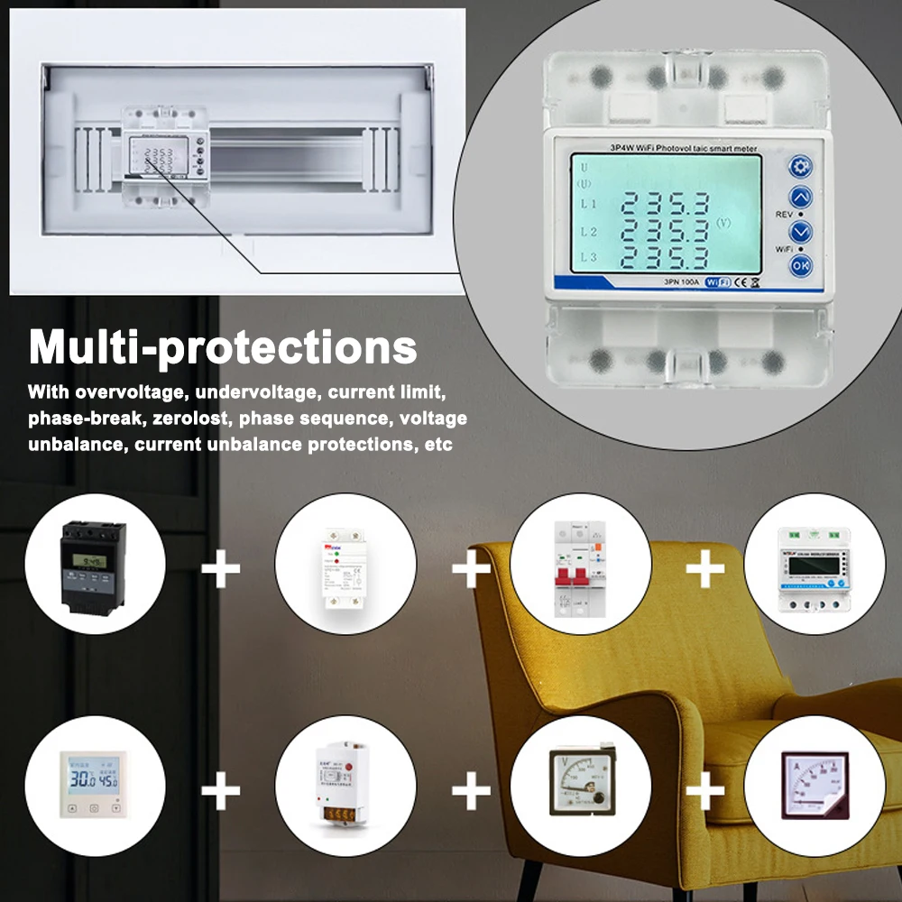 Tuya WiFi 100A 3P4W Photovoltaic Meter Three Phase Recloser Switch Intelligent Reclosing Protector Limiting Circuit Breaker