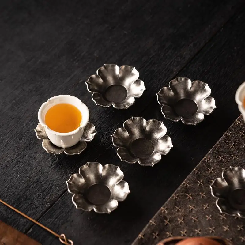 Zen-Stil Antike Legierung Messing Teetassenuntersetzer Lotusblume Runde Teeteller Hitzebeständiger Tassenhalter – Detail 4