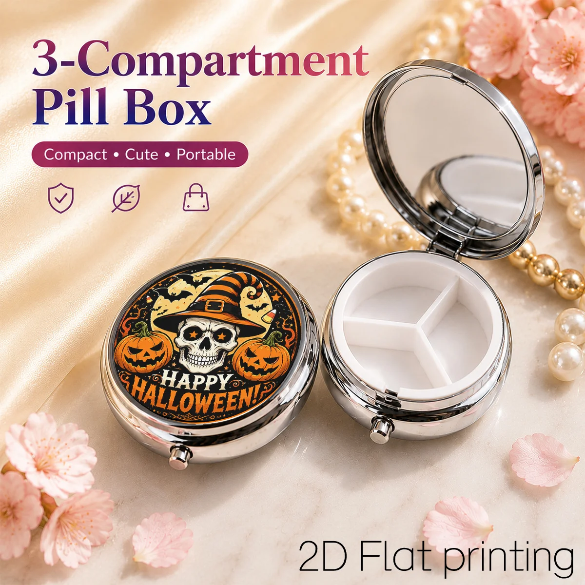 1Pc, Flat Printing Pill Box with Halloween Skull, Black Cat, Pumpkin Patterns, Holiday Illustration Design, Three-Compartment Portable Metal Material, Storage, Compact Jewelry Box, Portable Safety Box, Personal Pill Dispenser Box.