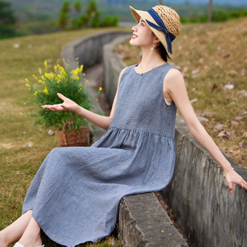 ผู้หญิงผ้าฝ้ายลินินชุดยาวใหม่มาถึง 2025 ฤดูร้อนสไตล์วินเทจ O-คอลายสก๊อตหลวมหญิงสบายๆ A-Line ชุด T584