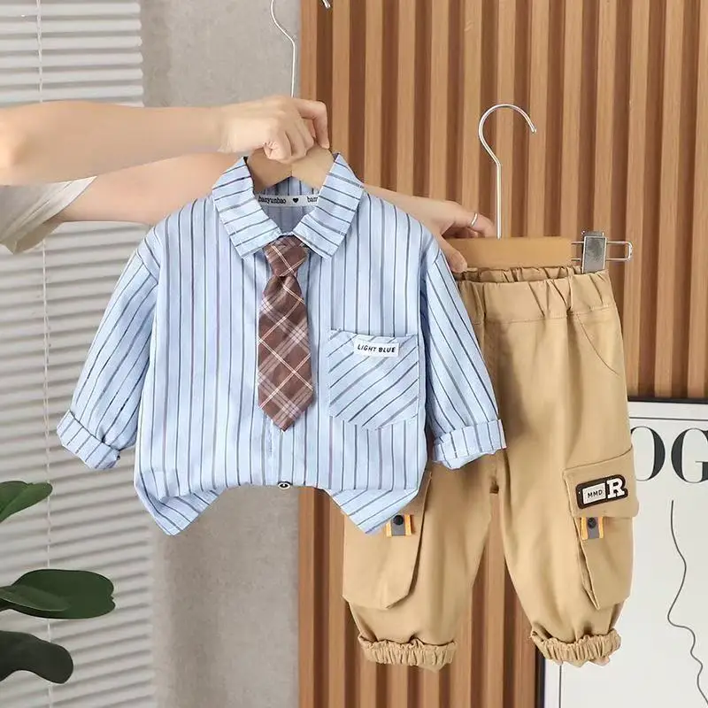 

Boys' Spring and Autumn Set Children's Fashion Striped Shirt Boys' Baby Tie Pants Two Piece Set Kids Outfits