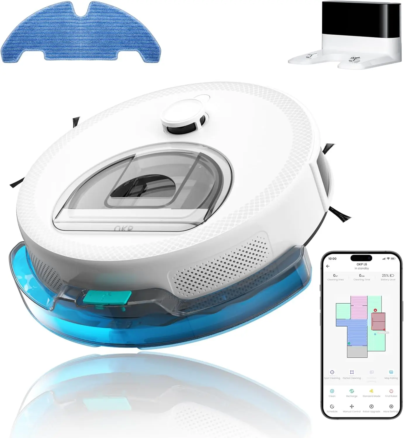 

Lidar Robot Vacuum and Mop Combo, 6000Pa Automatic Robotic Vacuum, Smart Mapping, 3.7 inch Thin, 150 Min Max, 5G