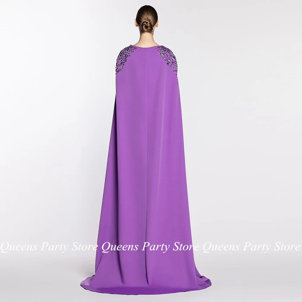 Lavender Evening Dress with Cape Scoop Neck Saudi Arabic Prom Dresses Beading Stones Straight Party Gown Robe De Soiree