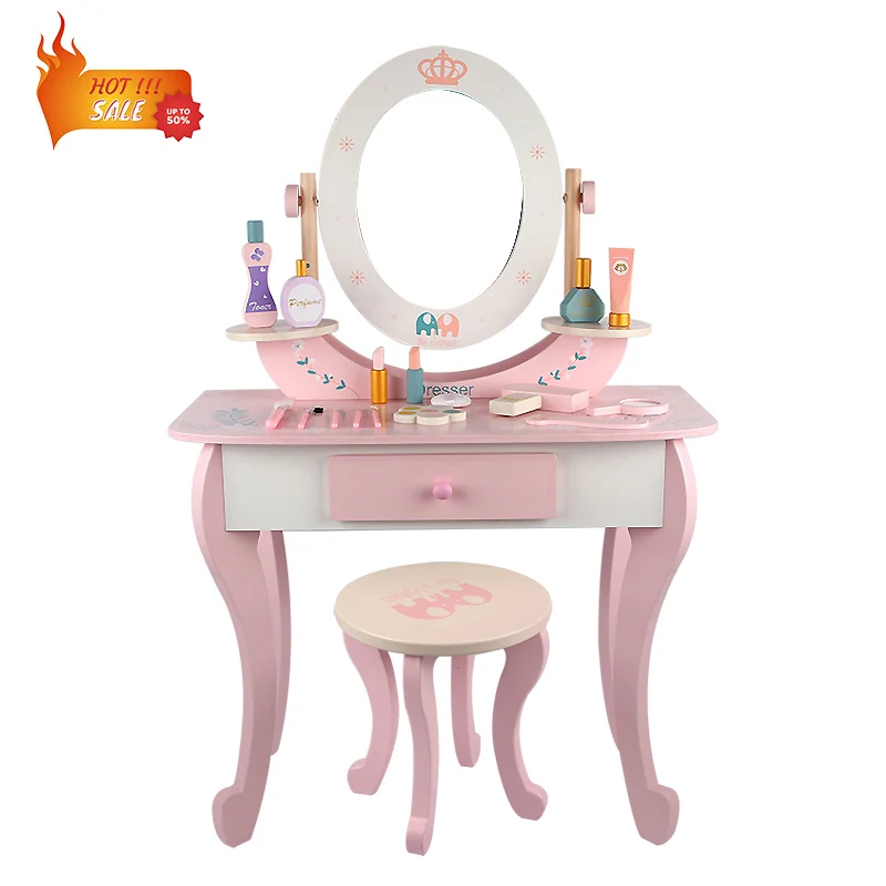 Kids Vanity, 360 Degree Rotation Oval Mirror, Princess Makeup Vanity Set for Little Girls, Toddler Bedroom Dressing Table & Stoo