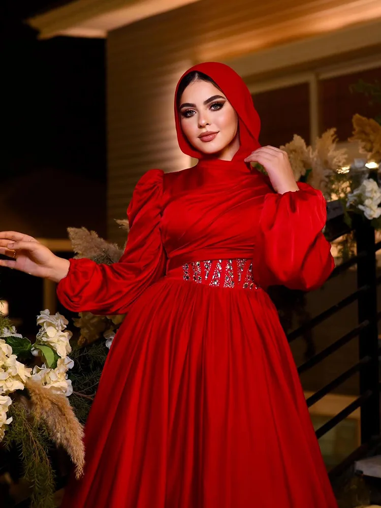 Jirocum elegant eine Linie Abendkleid Frauen Langarm muslimischen Party Ballkleid rot Kristall Saudi-Arabien formelle Anlass Kleider