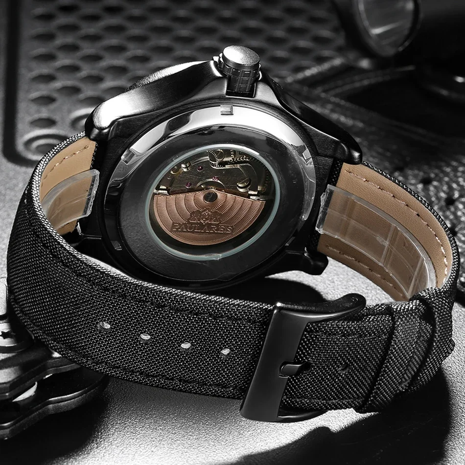 Automatic Mechanical Self Wind Black Bird Canvas Style Genuine Leather Date Luminous Fashion Men Watch