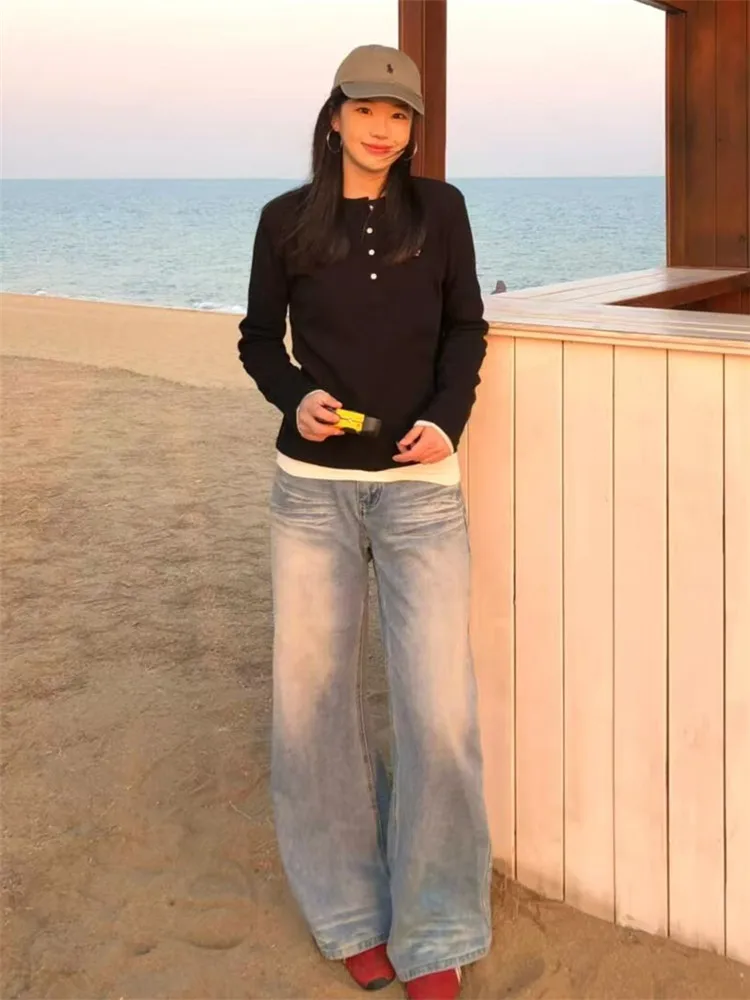 

American High Street Light Wash Wide Leg Jeans Women's Spring Autumn Low Waist Spicy Loose Slim Tall Extended Floor Length Pants