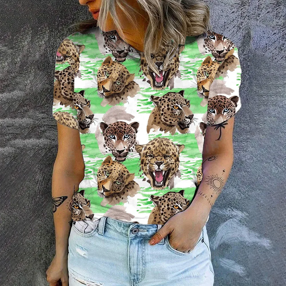 Retro Flower Leopard Print Short Sleeve Summer Women's T-shirt Round Neck Woman Clothing Short Sleeve T-shirt High Quality Top