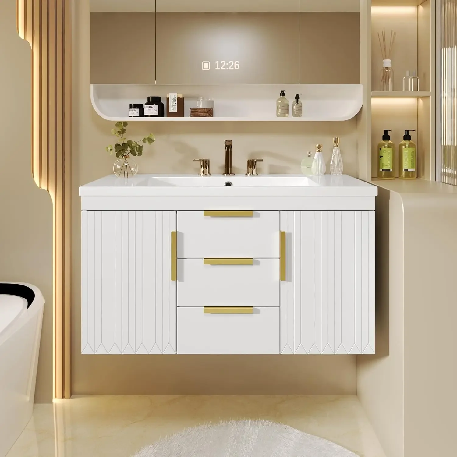 36 Inch Floating Bathroom Vanity with Sink, Wall Mounted (White) | Bathroom Storage Cabinet with 2 Doors & 2 Drawers, Soft-Closi