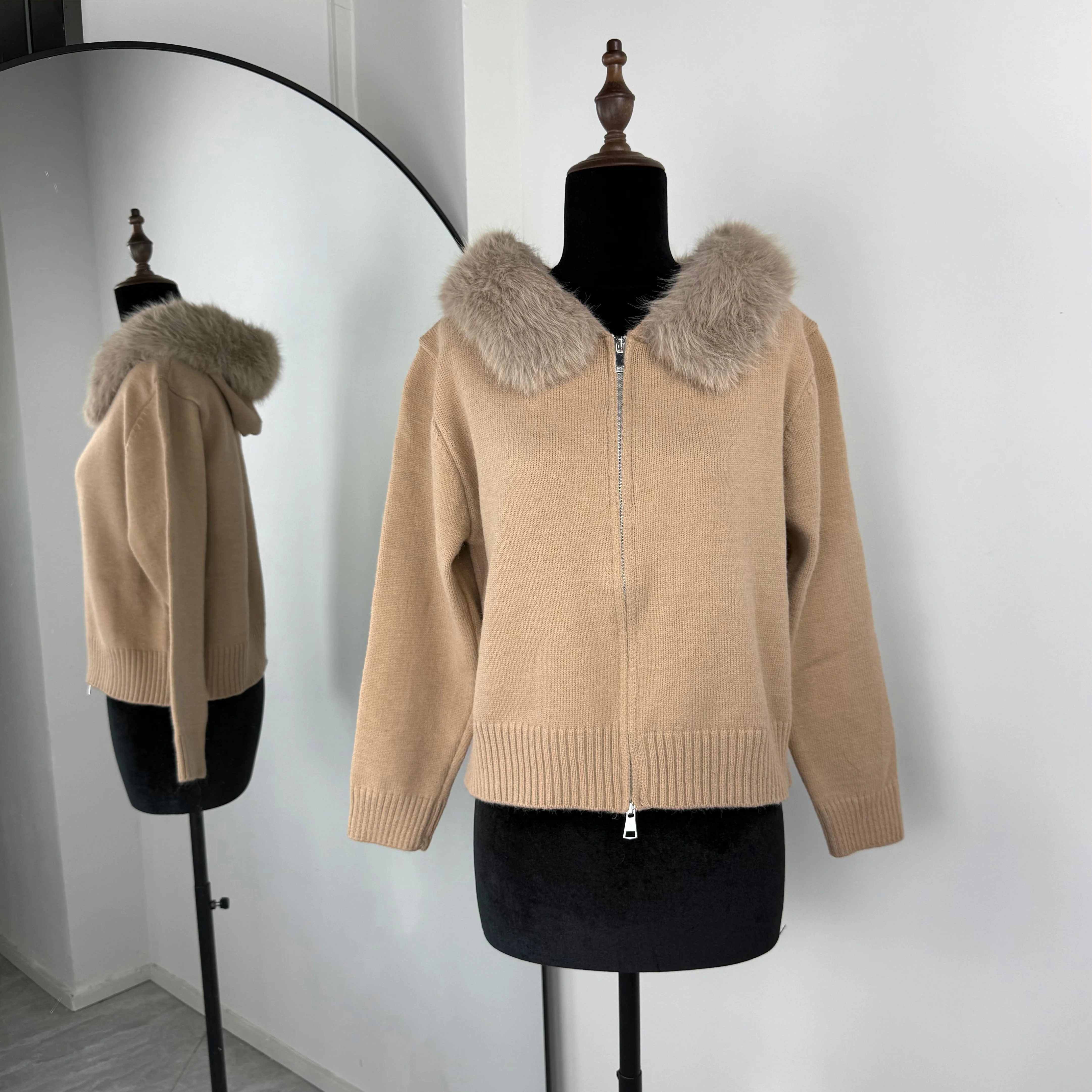 

Winter New Women Sweater Hoodie Cardigan Fluffy Zipper Patchwork Long Sleeve Ribbed Solid Knit Jacket Female Coat