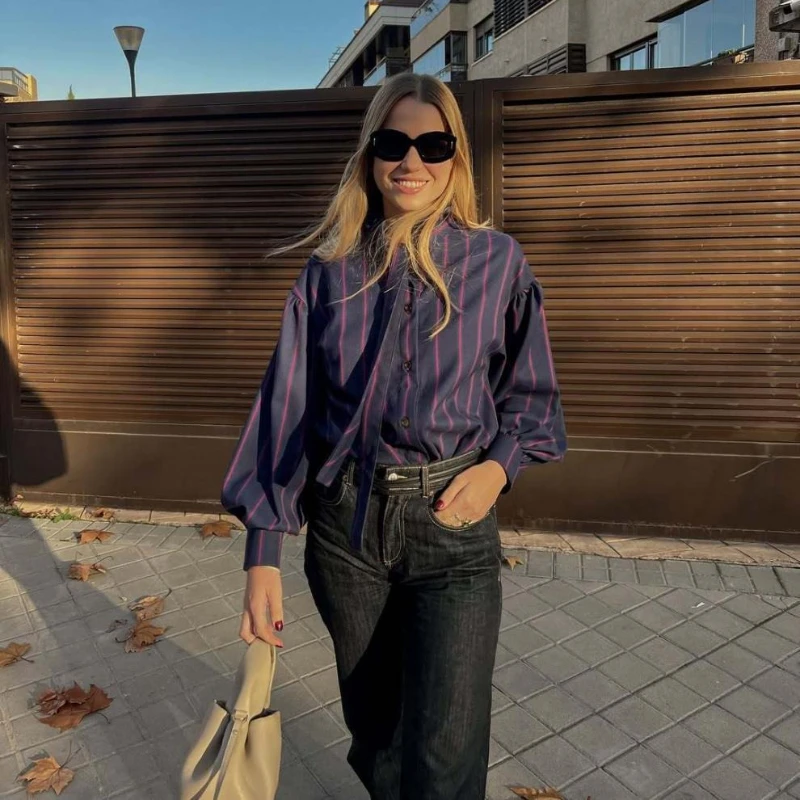 Women New Retro Simple Luxury Harajuku Streetwear Brand Design Sense Fashion Trends Personalized Slim Casual Striped Shirt