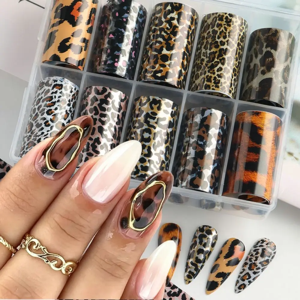 Full Beauty Nail Art Leopard Pattern Foil Set Transfer Decals Metallic Gold Silver Pink Brown For Fashion Manicure
