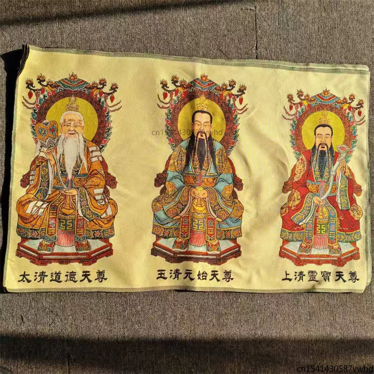 (Qingcang) Taoist Three Pure Ancestors Statue Tangka (Style 1), machine embroidered decorative painting