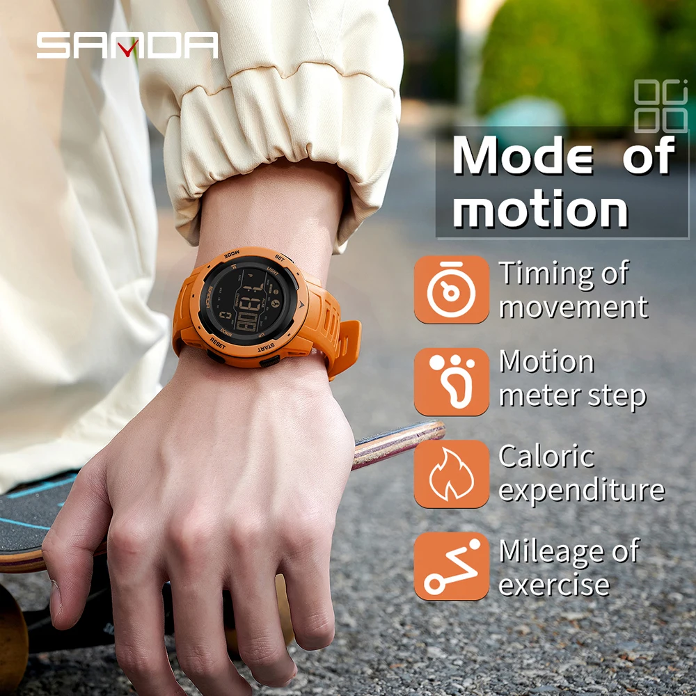 Dual Time LED Digital Watch for Men 50m Waterproof Chronograph Quartz Watches Orange Military Sport Electronic Wristwatch