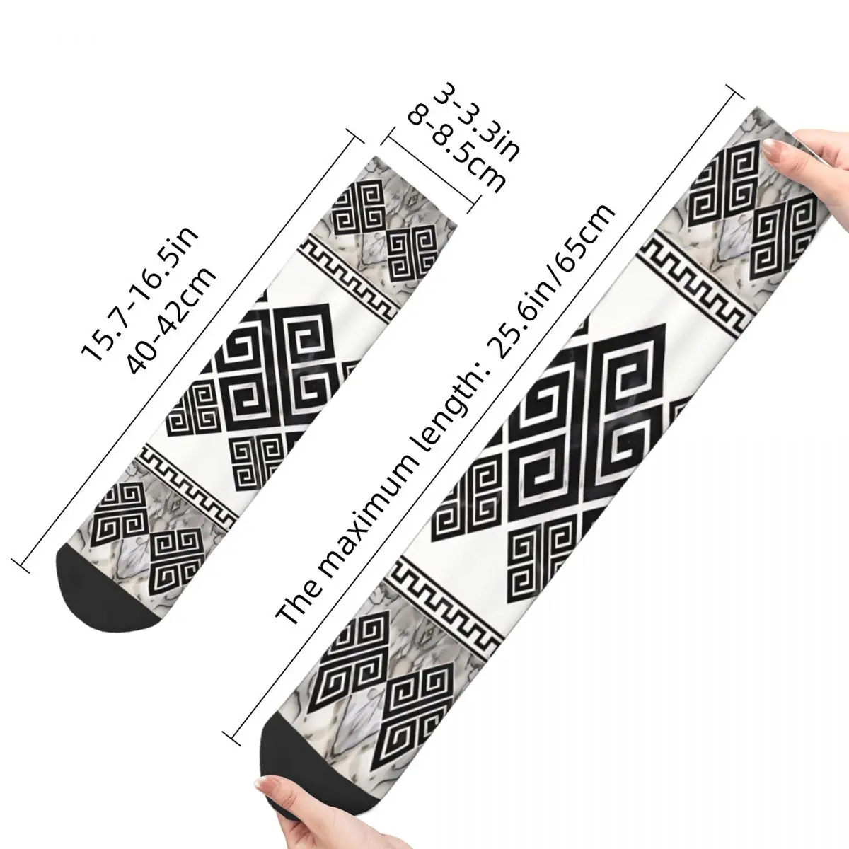 Crazy Sock for Men Greek Key Black And White Marble Hip Hop Harajuku Greek Meander Seamless Pattern Printed Boys Crew Sock