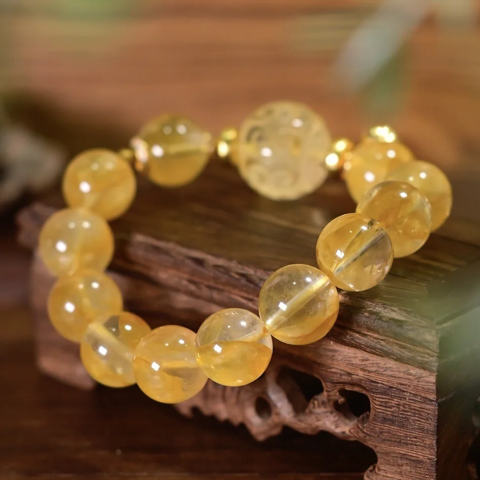 Natural Yellow Hematoid Quartz Beaded Bracelet with Citrine Pattern Bead 925 Silver Gold Plated Peanut Charm