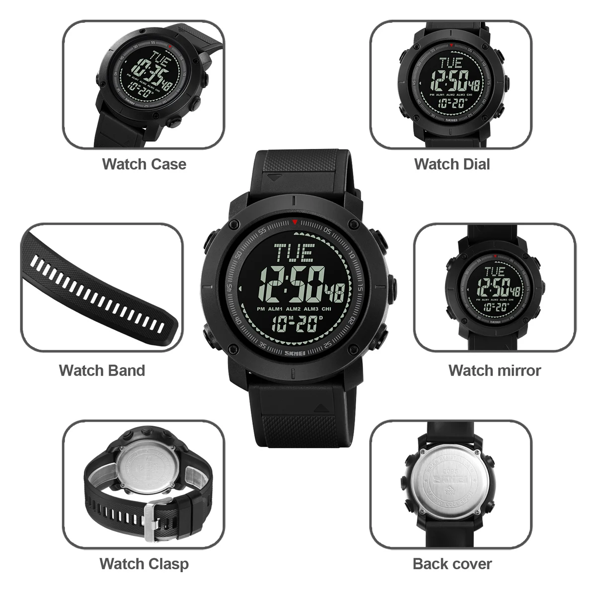 SKMEI Watches Back Light 5Bar Waterproof Compass Stopwatch Wristwatch Digital Countdown Outdoor Sport For Men Reloj Hombre