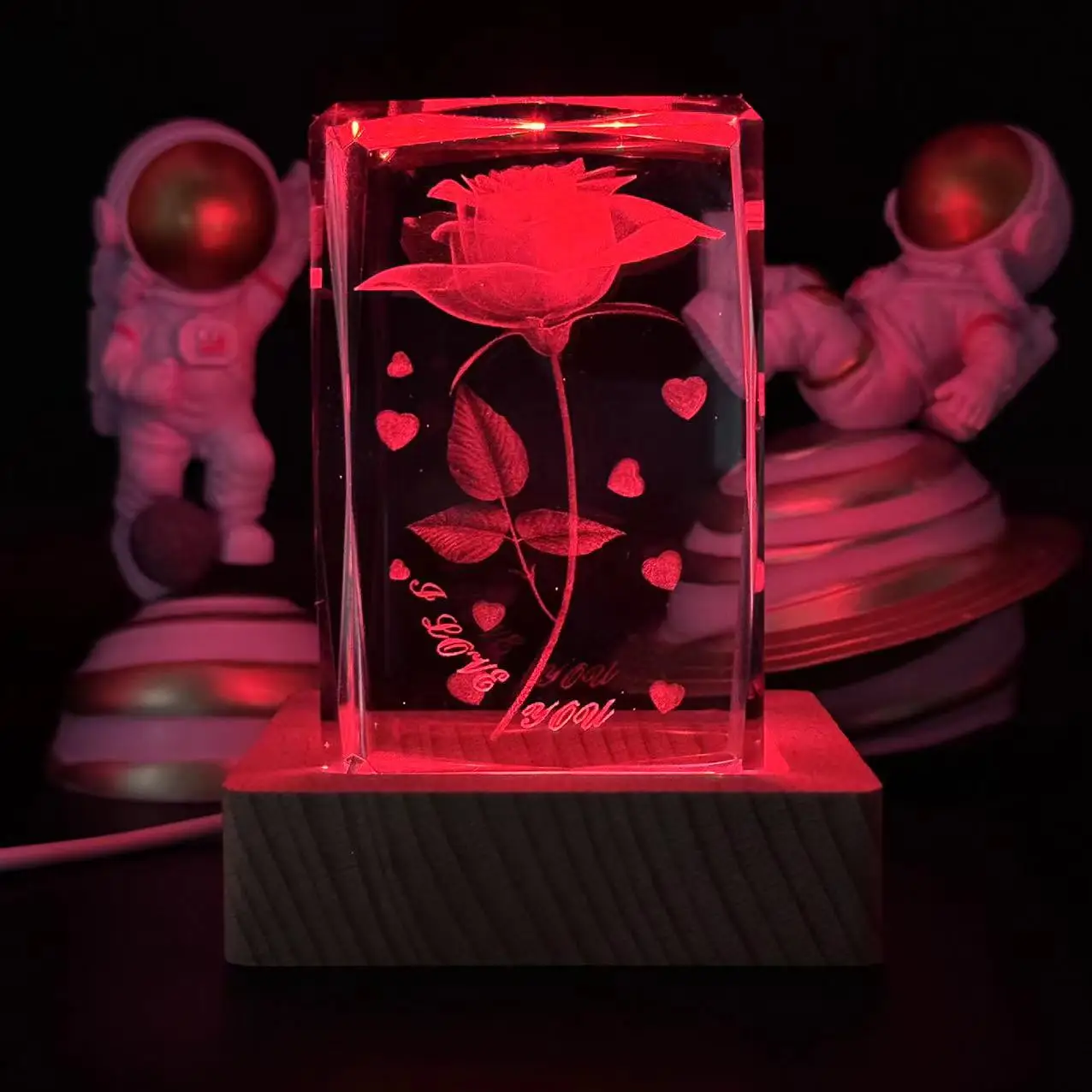 

1 шт., 3D лазерная резная хрустальная роза Love you, ночник, с цветным световым деревянным держателем лампы, украшение для дома, подходит