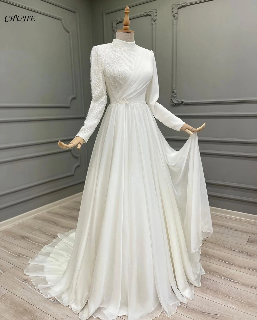 Elegant Muslim Wedding Dress 2024 Bridal Gown Beading Long Sleeves High Neck A Line Bride Robe Dresses De Mariée فساتين زفاف
