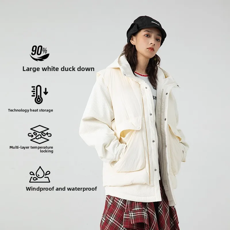 

2025 Повседневная зимняя куртка-пуховик из двух частей для мужчин и женщин с рубашкой с капюшоном, теплое пальто, куртка в стиле хлеба, жилет