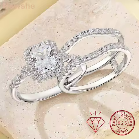 Newshe 2Pcs GRA Certified Moissanite Radian Cut Wedding Rings Set for Women 925 Sterling Silver Bridal Ring